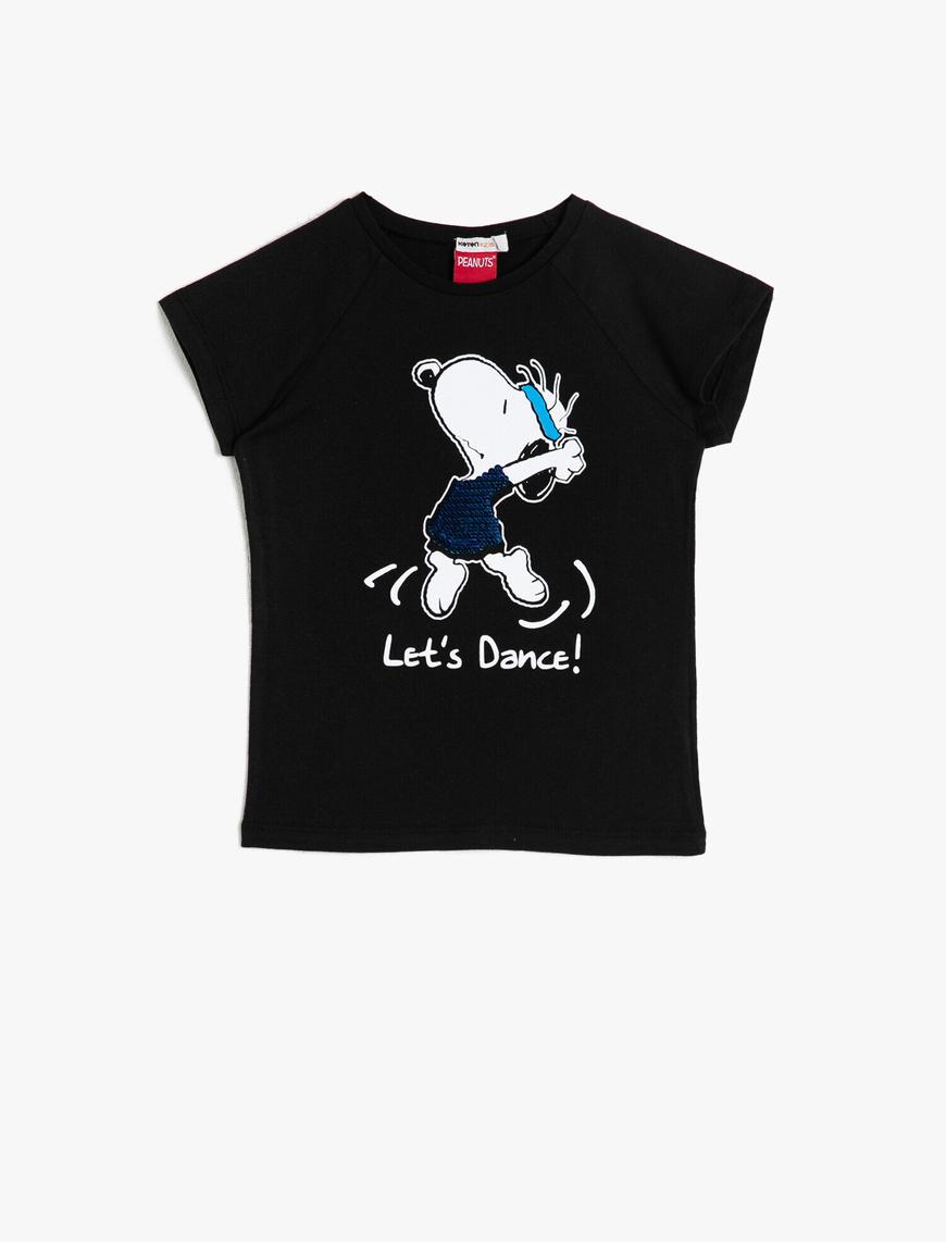  Kız Çocuk Snoopy Lisanslı Çift Taraflı Pullu Pamuklu Yumuşak Kumaştan Tişört