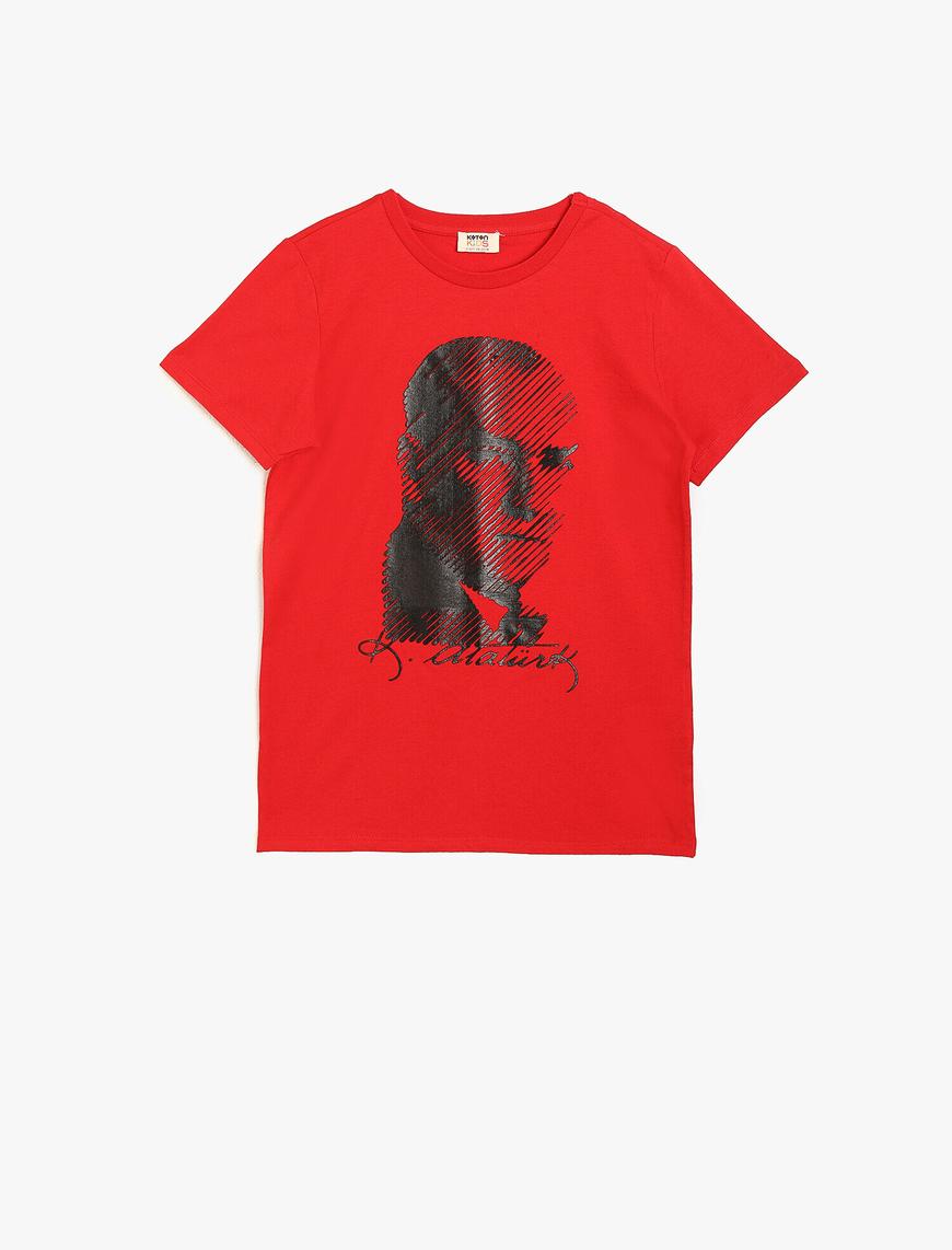  Erkek Çocuk Atatürk Baskılı Pamuklu Kısa Kollu Bisiklet Yaka Tişört