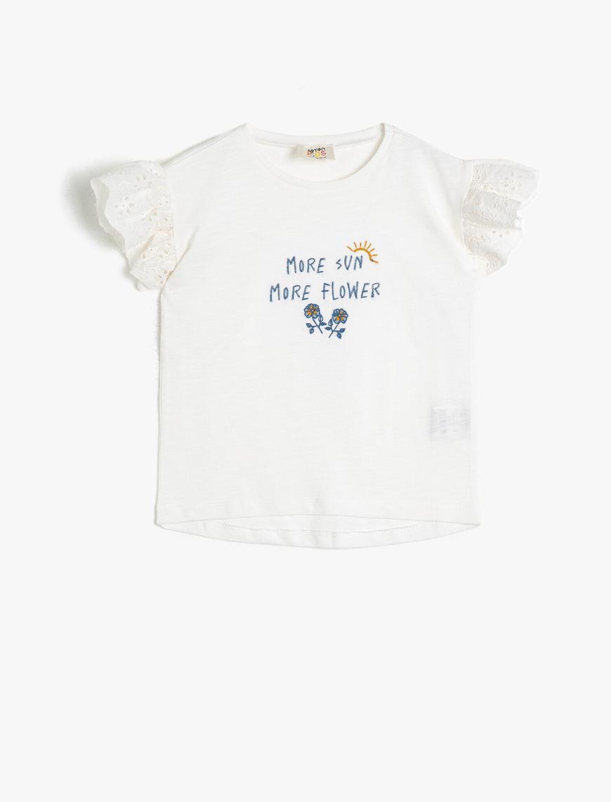  Kız Çocuk Pamuklu Yumuşak Kumaştan İşlemeli Kolu Brode Kumaştan Fırfırlı Kısa Tişört