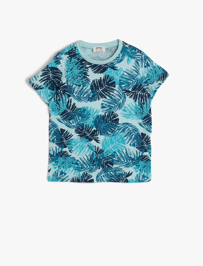 Erkek Çocuk Yaprak Desenli Pamuklu Kısa Kollu Bisiklet Yaka Tişört