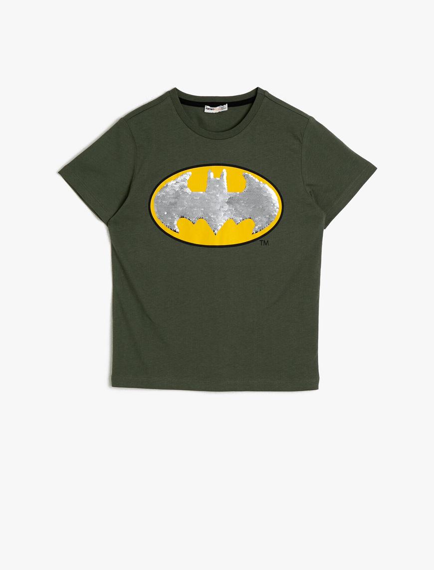  Erkek Çocuk Batman Lisanslı Çift Taraflı Pull Payet Baskılı Kısa Kollu Bisiklet Yaka Tişört