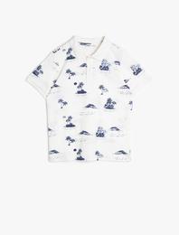 Polo Yaka Baskılı Pamuklu Düğmeli Ribanalı Kısa Kollu Tişört