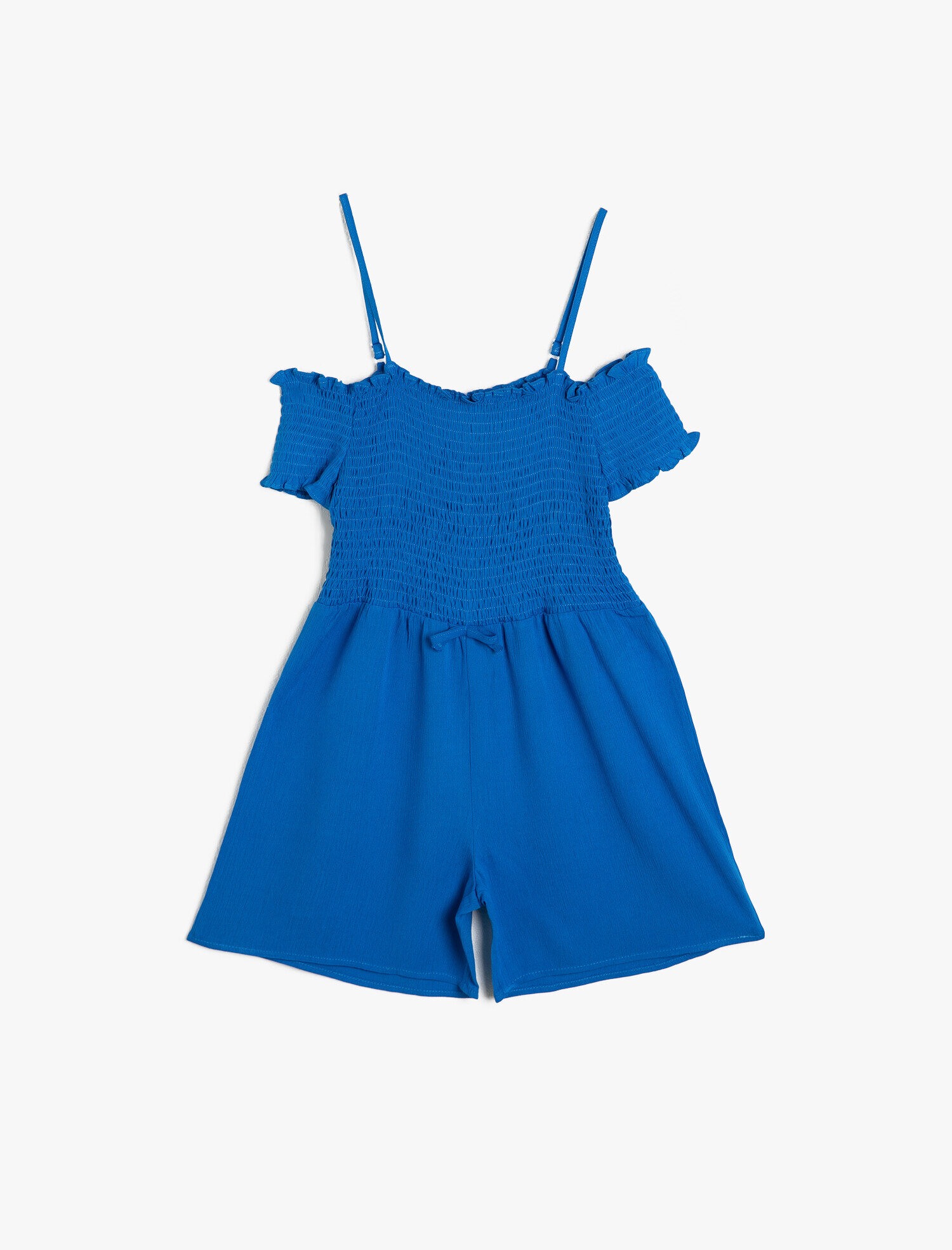  Kız Çocuk İnce Dökümlü Dokulu Kumaştan Omzu Açık Askılı Kısa Şortlu Tulum