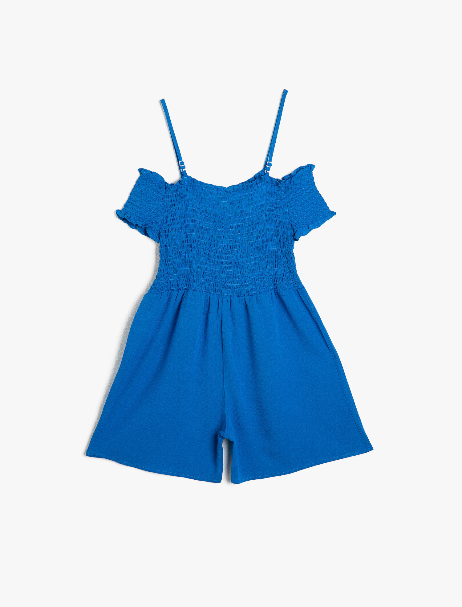  Kız Çocuk İnce Dökümlü Dokulu Kumaştan Omzu Açık Askılı Kısa Şortlu Tulum