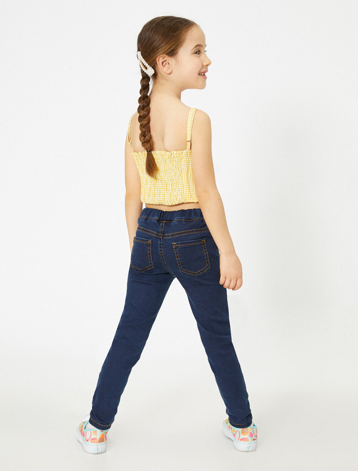  Kız Çocuk Esnek Yumuşak Jean Kumaştan Beli Lastikli Dar Kesim Tayt