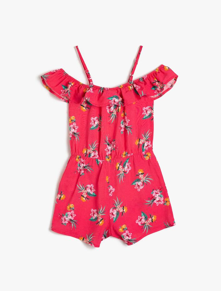 Kız Çocuk Çiçekli Dökümlü Kumaştan Fırfırlı Omzu Açık Askılı Kısa Şortlu Tulum