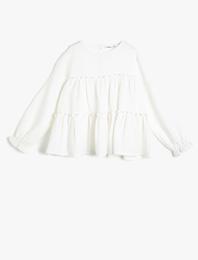 Dökümlü Kumaştan Bisiklet Yaka Büzgülü Bol Kesim Uzun Kollu Bluz