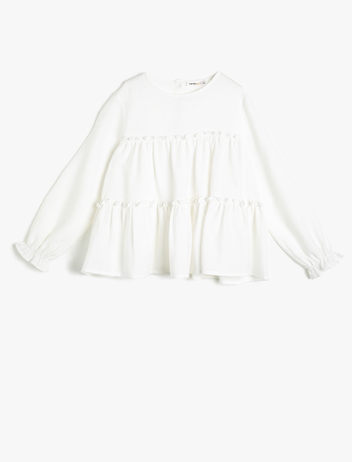 Kız Çocuk Dökümlü Kumaştan Bisiklet Yaka Büzgülü Bol Kesim Uzun Kollu Bluz