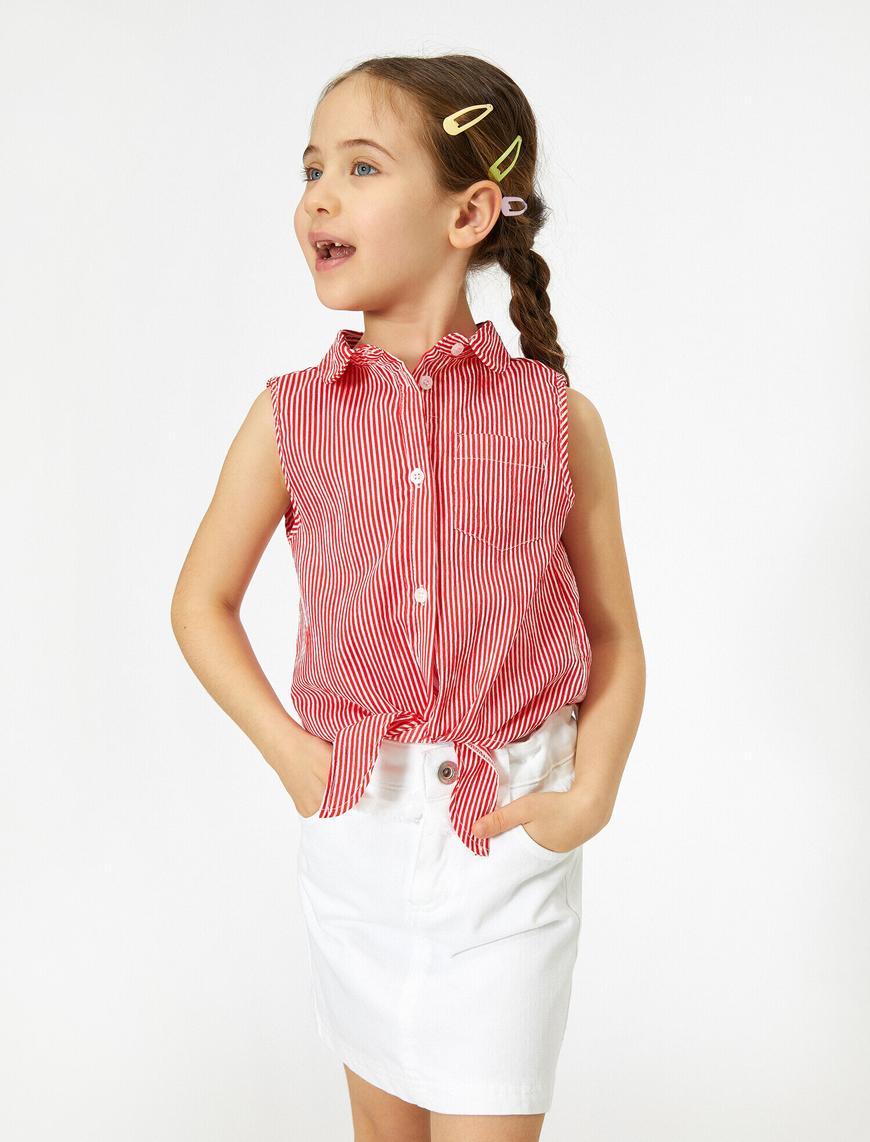  Kız Çocuk Çizgili Dokulu Gömlek Kumaşından Belden Bağlamalı Kolsuz Gömlek