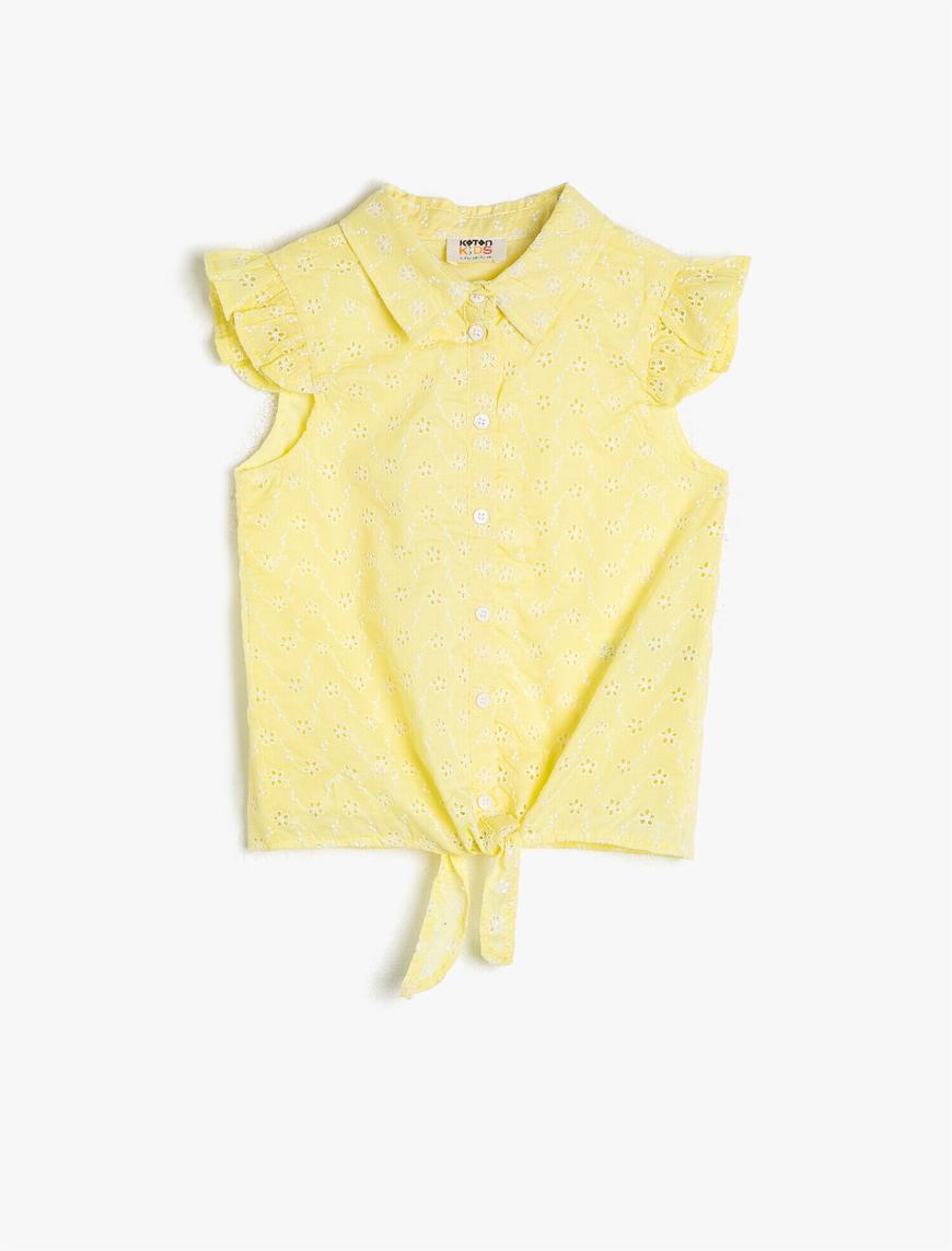  Kız Çocuk Çiçekli Brode Kumaştan Fırfırlı Belden Bağlamalı Gömlek