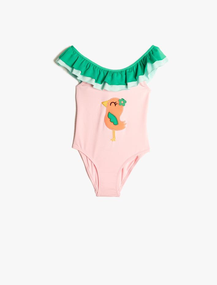 Kız Çocuk Mayo Fırfırlı Kuş Aplike Detaylı