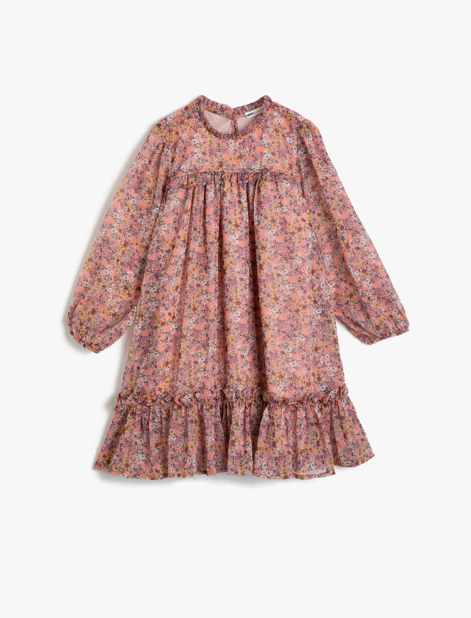  Kız Çocuk Çiçekli Simli Şifon Kumaştan Fırfırlı Uzun Kollu Orta Boy Elbise