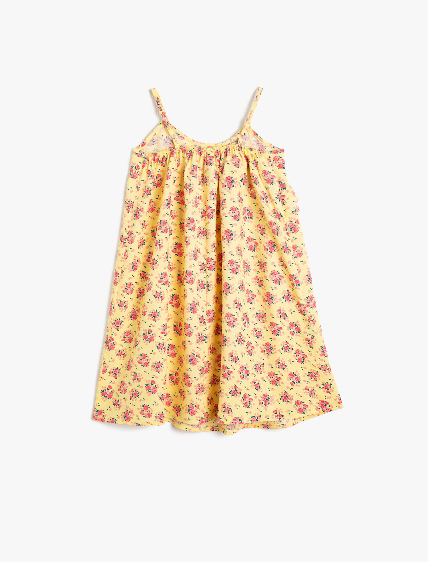  Kız Çocuk Çiçekli Dökümlü Kumaştan Fırfırlı Bol Kesim Askılı Orta Boy Elbise