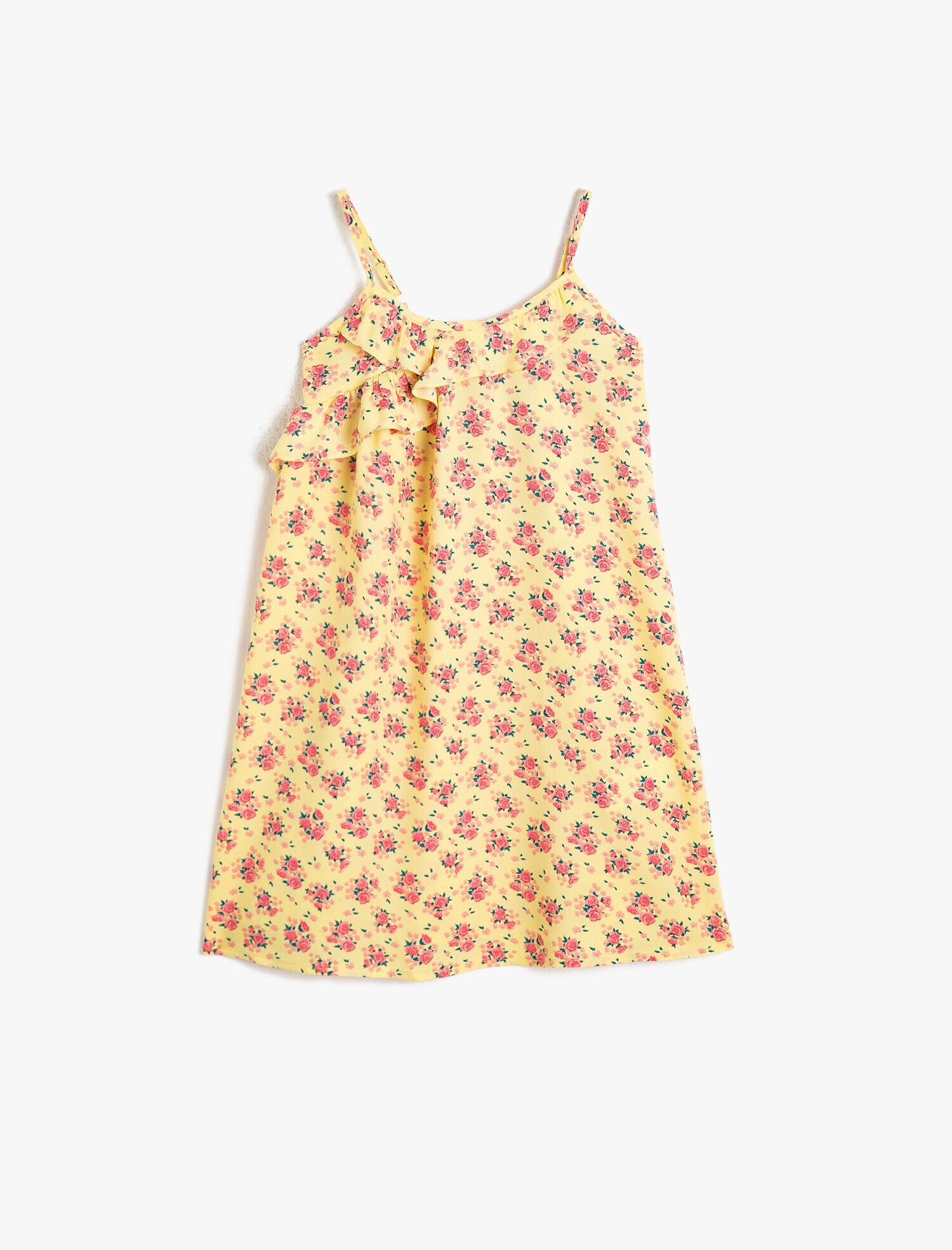  Kız Çocuk Çiçekli Dökümlü Kumaştan Fırfırlı Bol Kesim Askılı Orta Boy Elbise