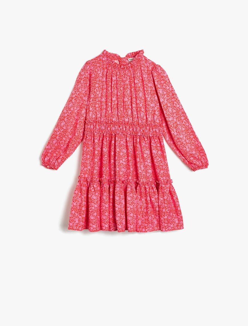  Kız Çocuk Çiçekli İnce Dökümlü Kumaştan Katkat Fırfırlı Orta Boy Elbise
