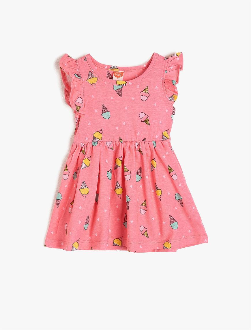  Kız Bebek Dondurma Desenli Kolları Fırfırlı Beli Büzgülü Elbise