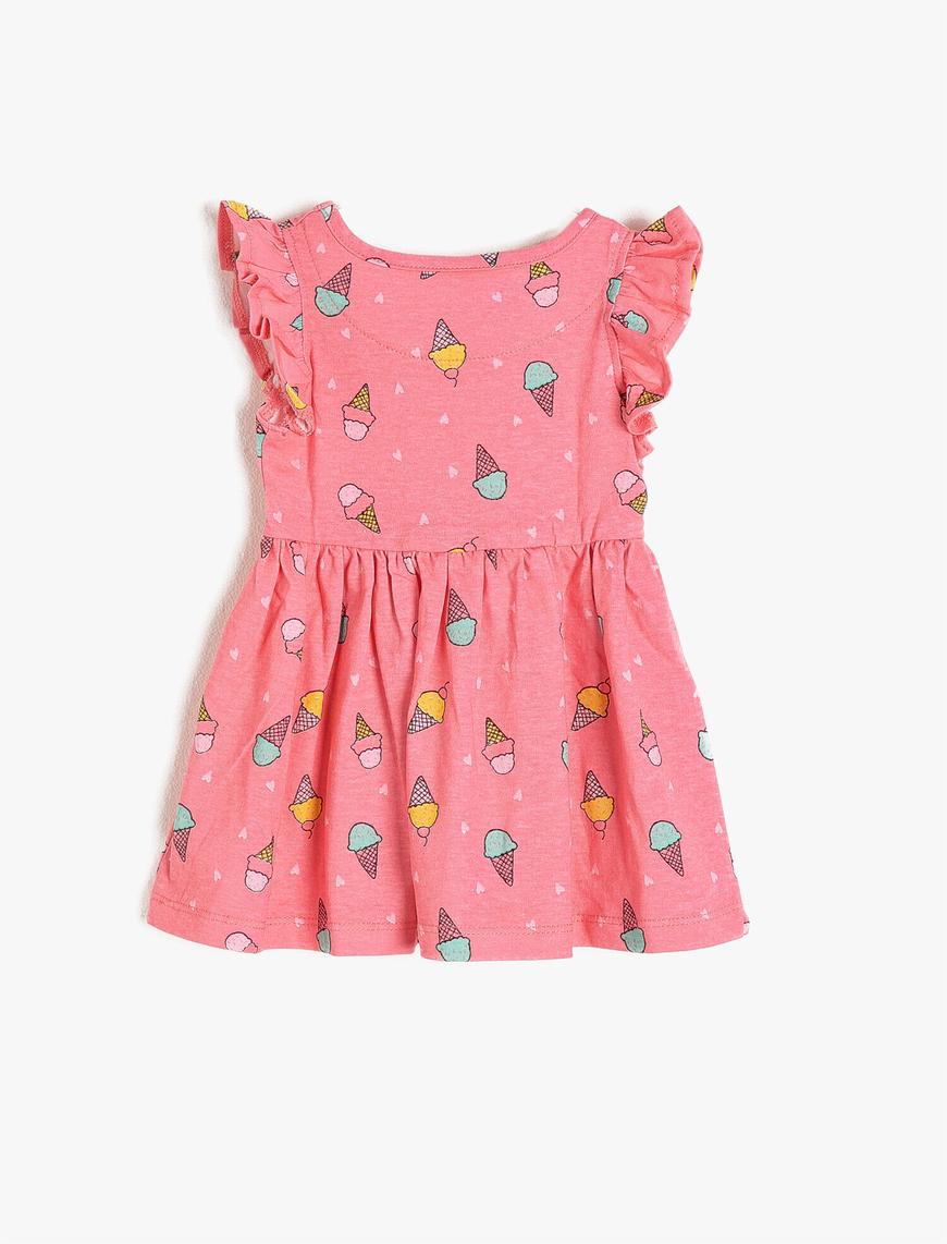  Kız Bebek Dondurma Desenli Kolları Fırfırlı Beli Büzgülü Elbise
