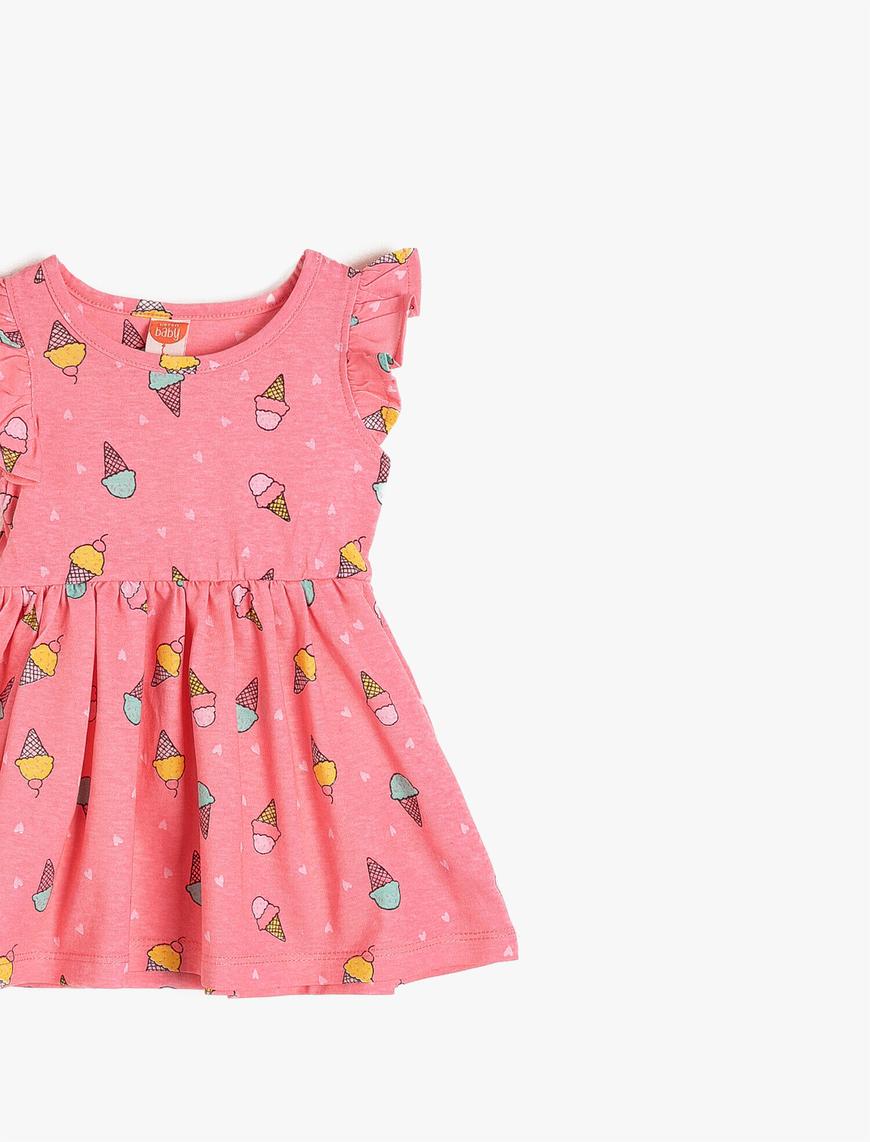  Kız Bebek Dondurma Desenli Kolları Fırfırlı Beli Büzgülü Elbise