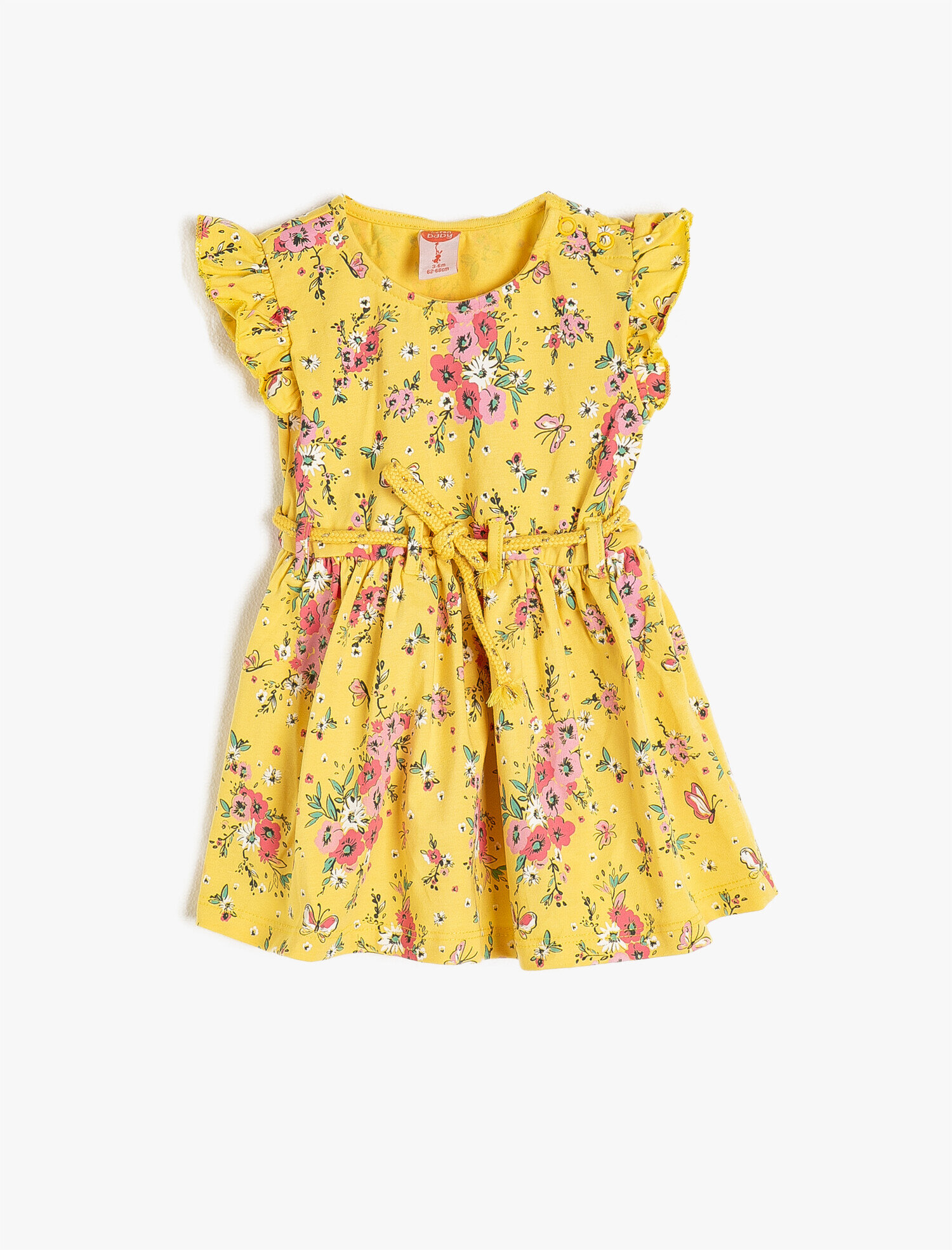  Kız Bebek Çiçek Desenli Bisiklet Yaka Kısa Kollu Beli Bağlamalı Elbise
