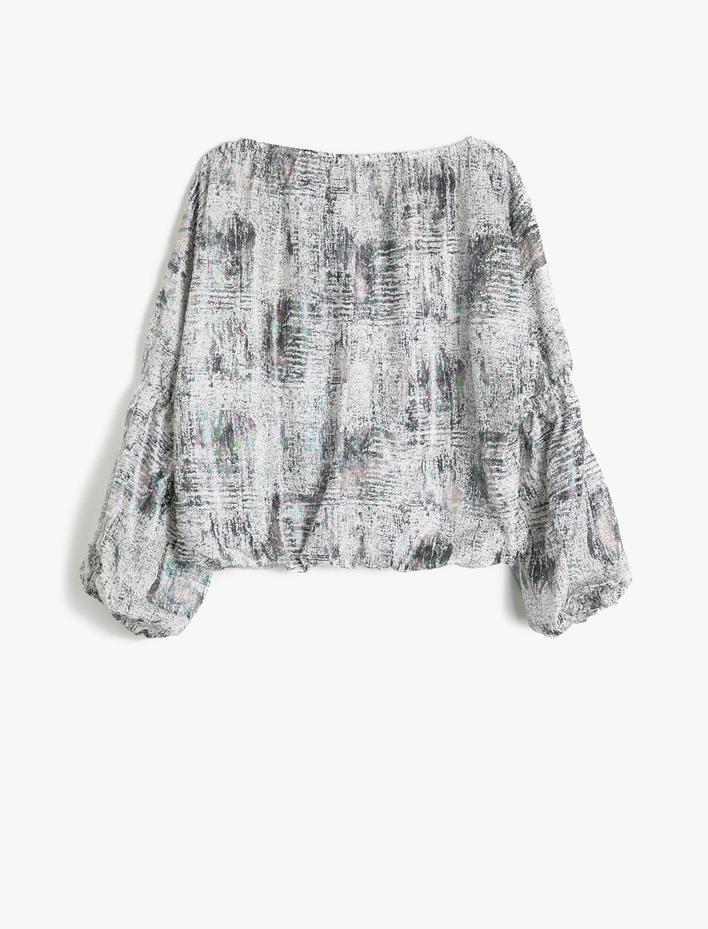  Krep Abiye Bluz Bisiklet Yaka Baskılı  3/4 Kol