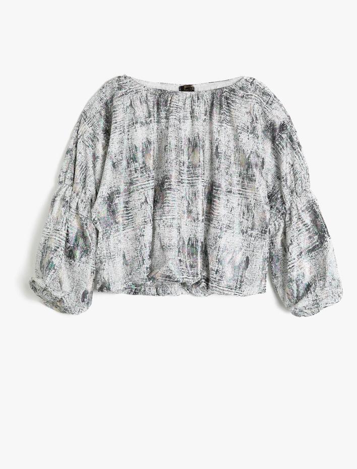  Krep Abiye Bluz Bisiklet Yaka Baskılı  3/4 Kol