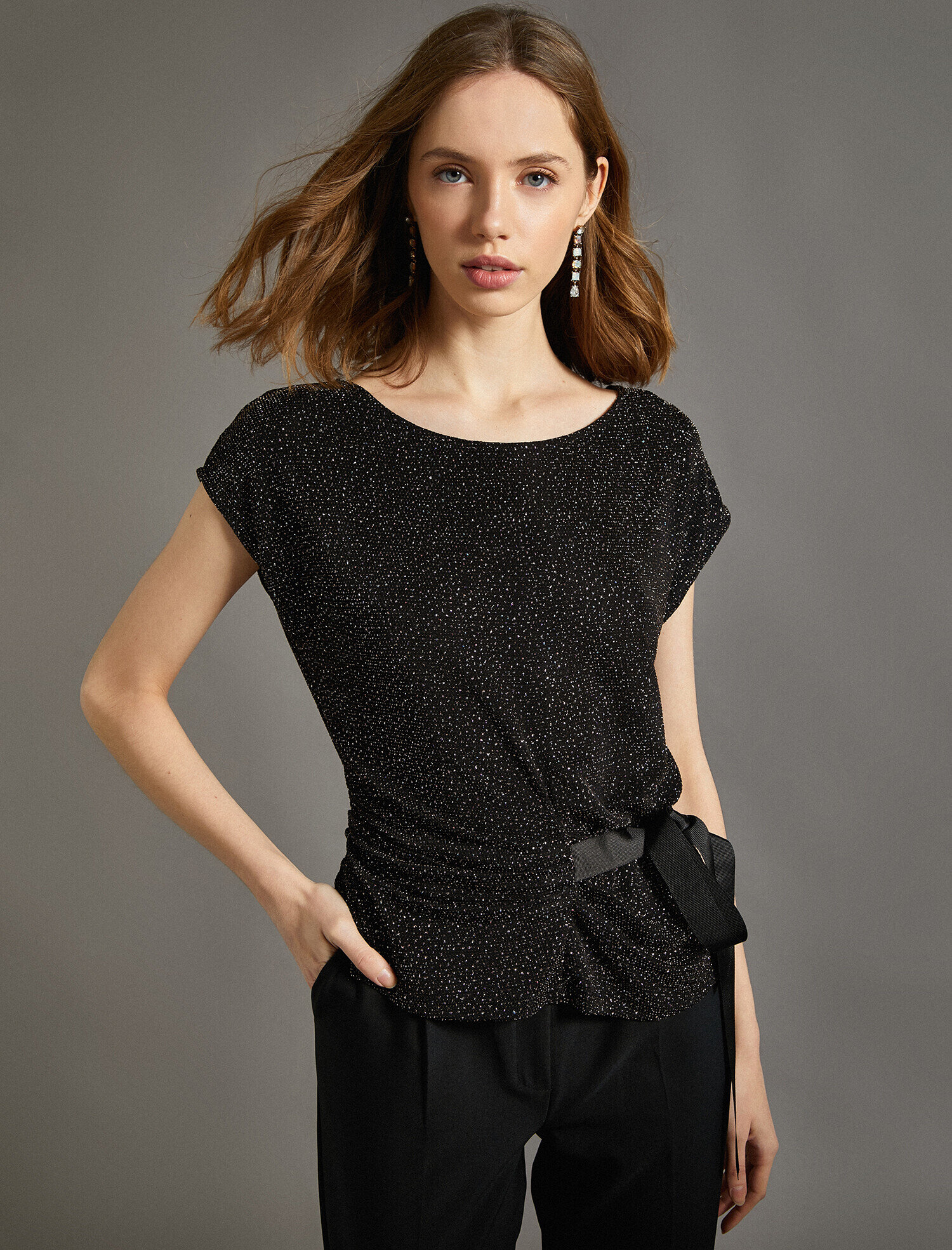   Abiye Bluz Bağcık Detaylı Simli Kısa Kollu