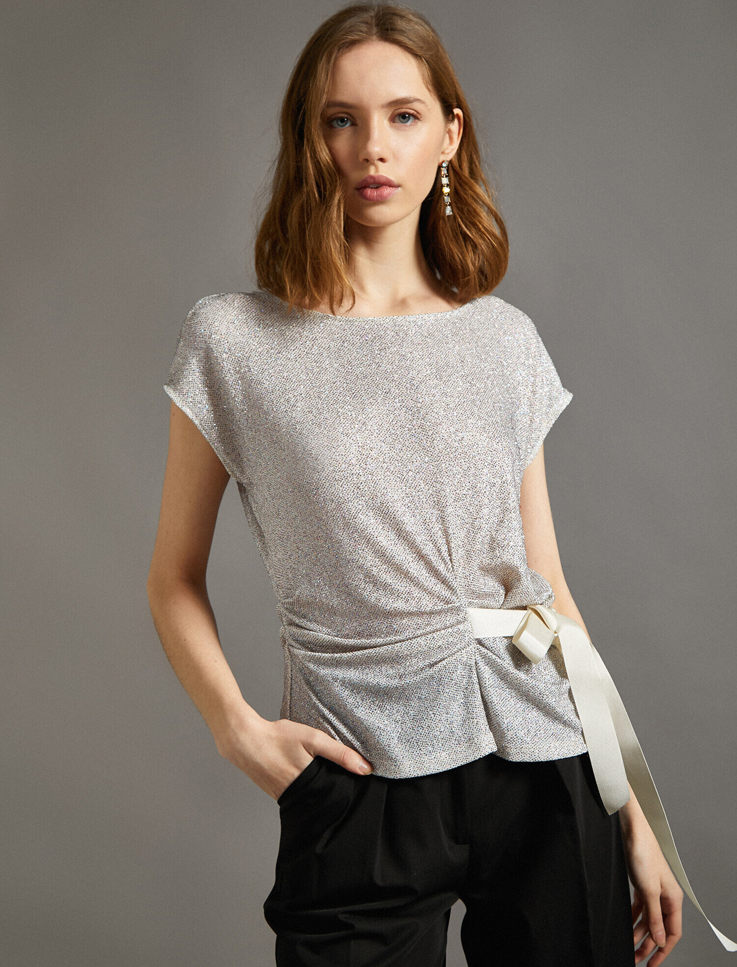   Abiye Bluz Bağcık Detaylı Simli Kısa Kollu