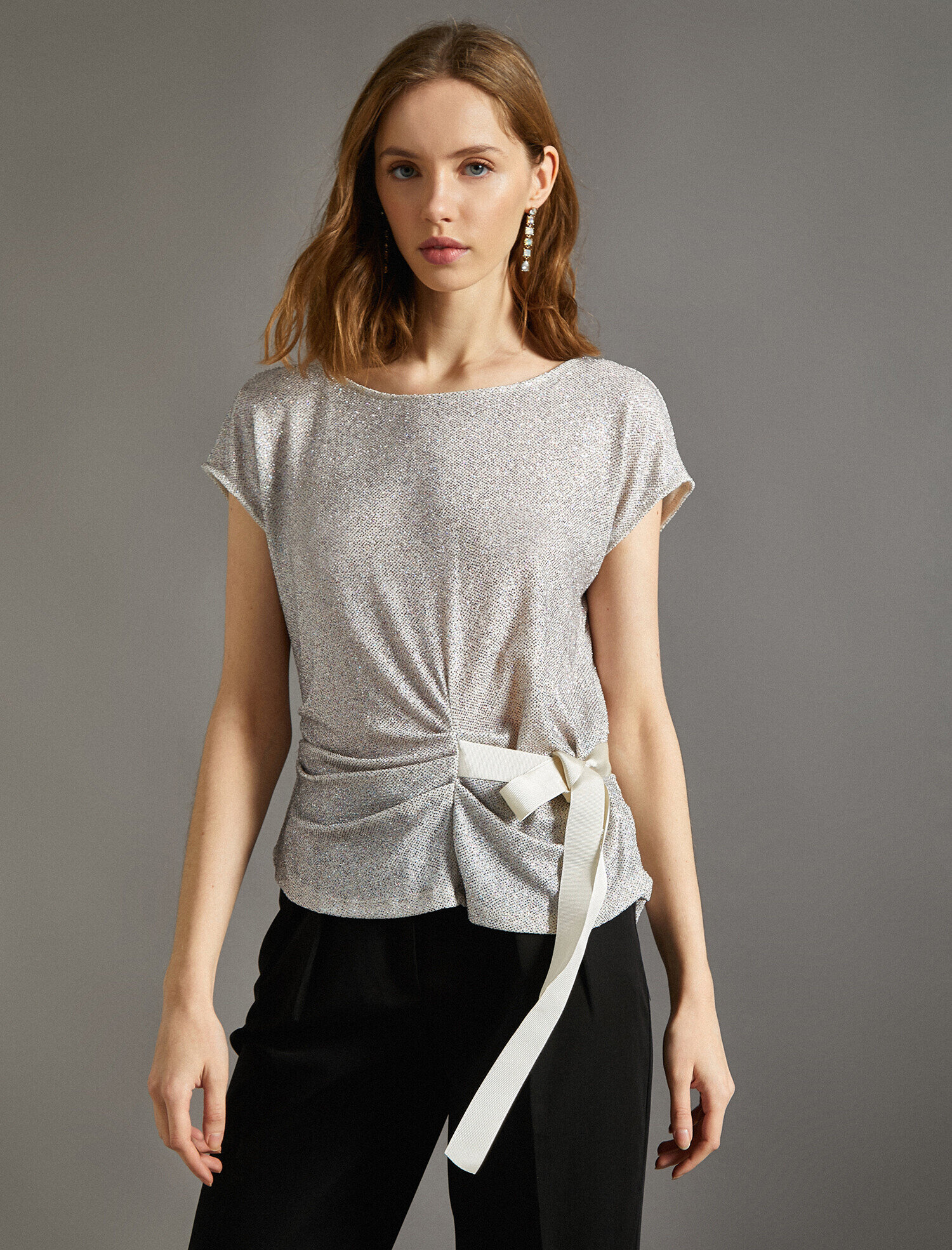   Abiye Bluz Bağcık Detaylı Simli Kısa Kollu