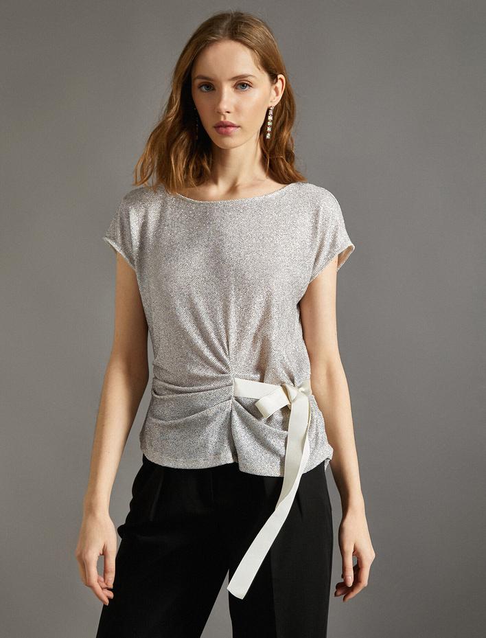  Abiye Bluz Bağcık Detaylı Simli Kısa Kollu