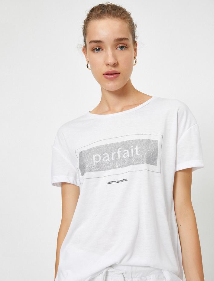  Bisiklet Yaka Kısa Kollu Yazılı Baskılı Tişört