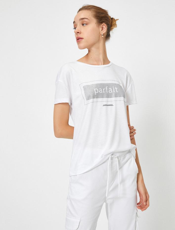  Bisiklet Yaka Kısa Kollu Yazılı Baskılı Tişört