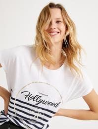 Bisiklet Yaka Yazılı Baskılı Çizgili Tişört