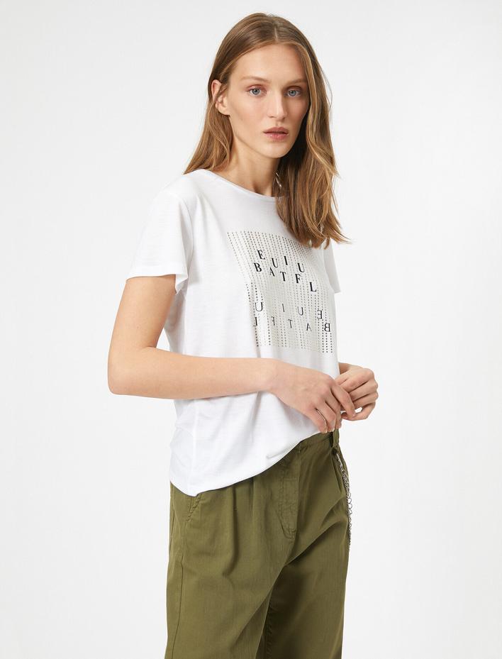  Slogan Baskılı Standart Kalıp Bisiklet Yaka Tişört