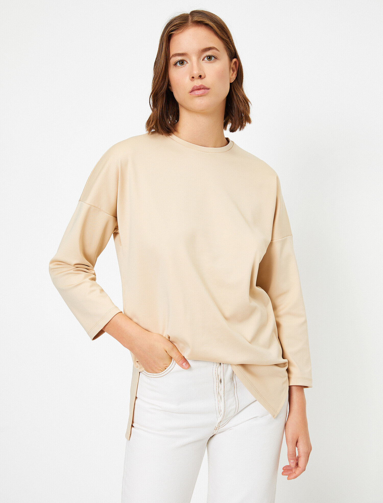 Bisiklet Yaka 3/4 Kol Scuba Uzun Sweatshirt