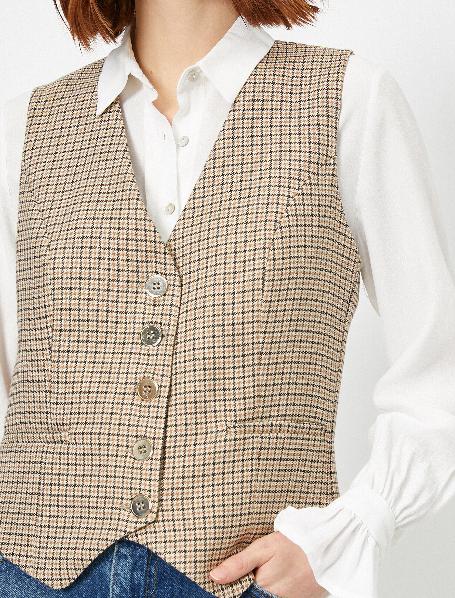   Metal Düğme Detaylı Ekoseli Yelek