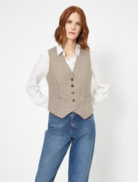 Metal Düğme Detaylı Ekoseli Yelek