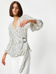 Çizgili Uzun Kollu Kemerli Kruvaze Abiye Bluz