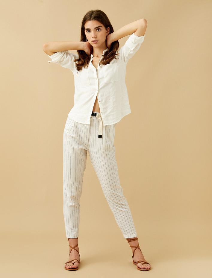  Kemer Detaylı Keten Karışımlı Pantolon