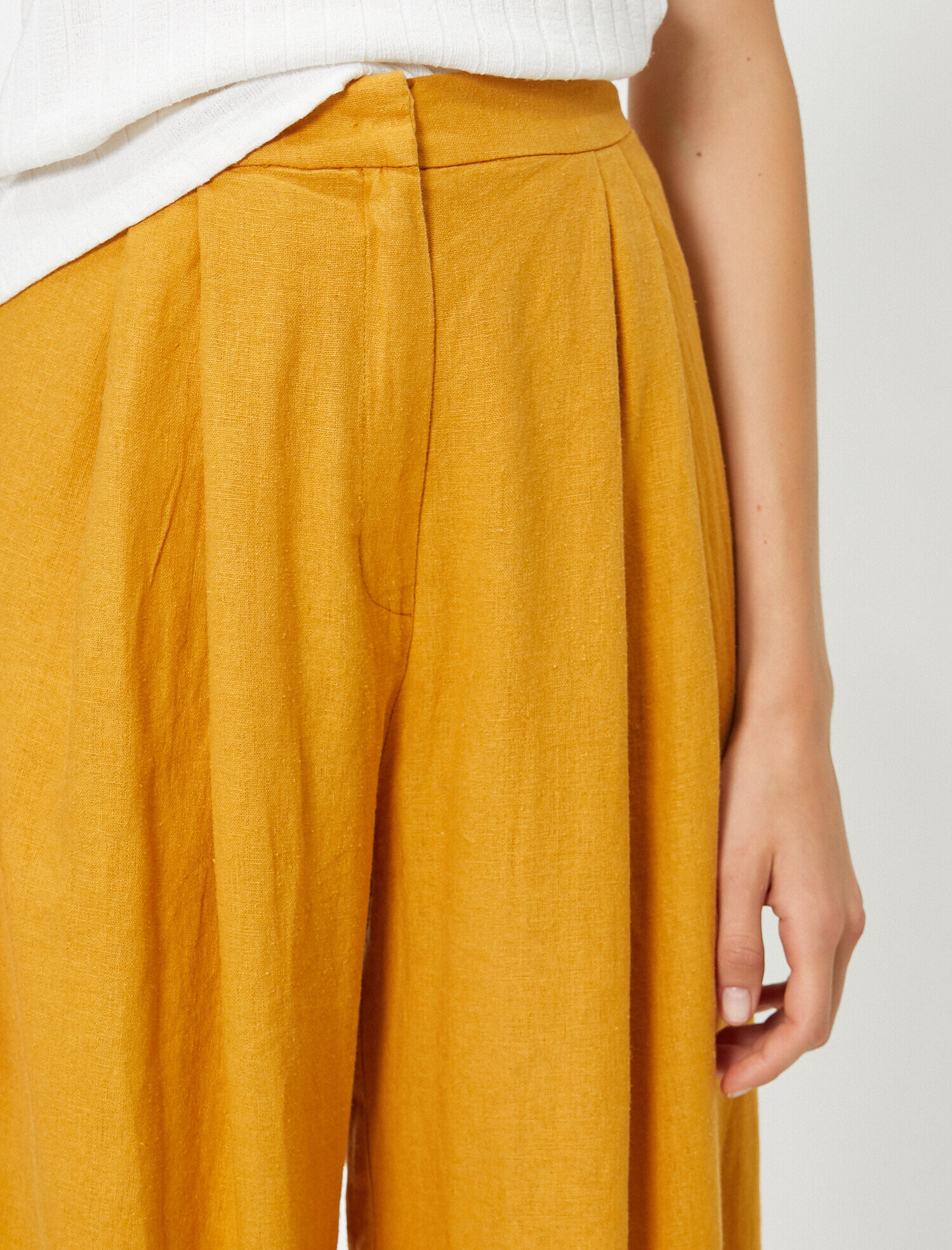   Pile Detaylı Yüksek Bel Pantolon Keten Karışımlı