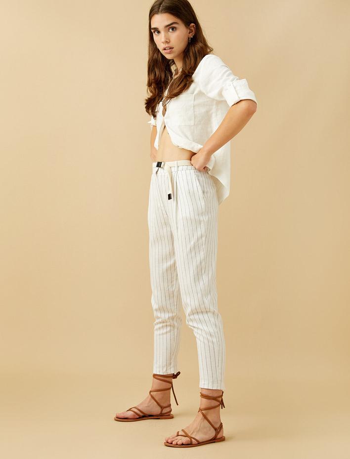  Kemer Detaylı Keten Karışımlı Pantolon