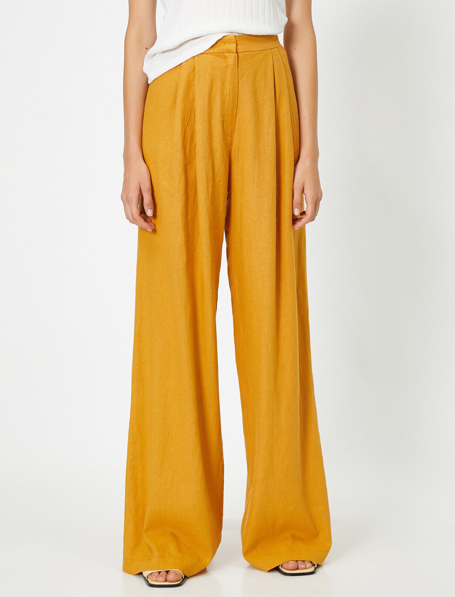   Pile Detaylı Yüksek Bel Pantolon Keten Karışımlı