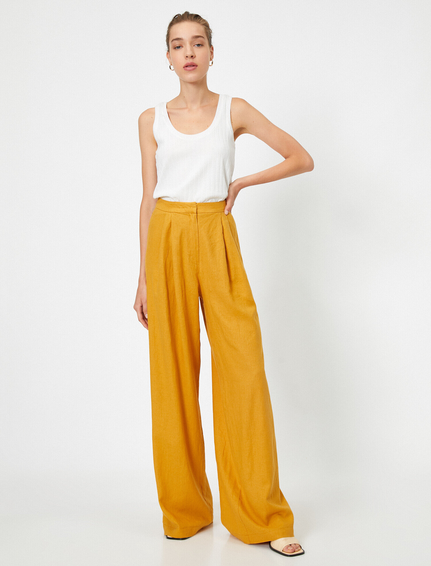   Pile Detaylı Yüksek Bel Pantolon Keten Karışımlı