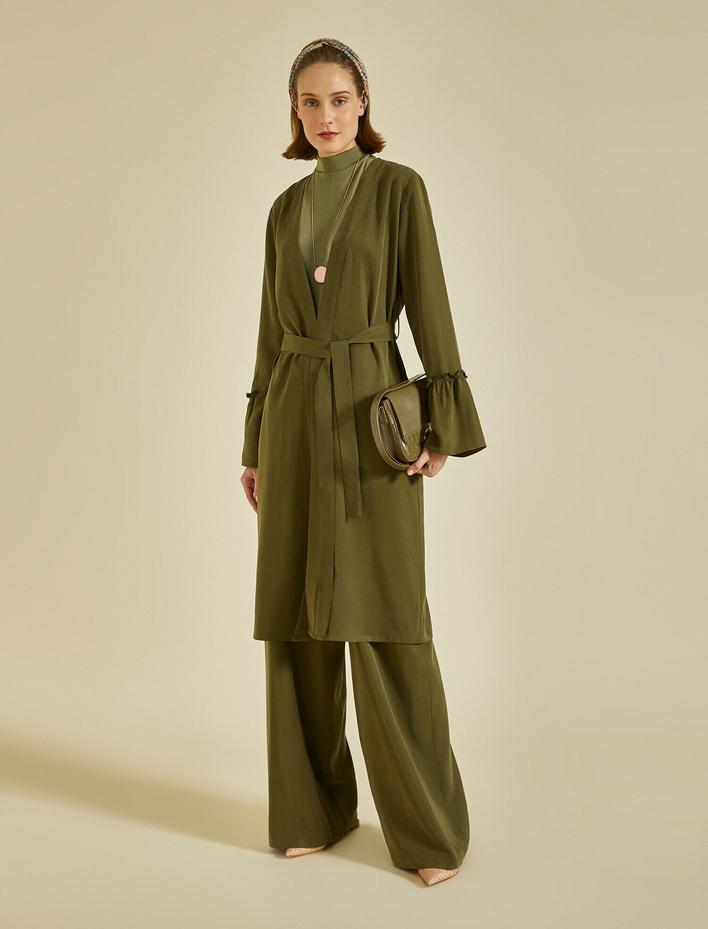  V Yaka Kolları Volanlı Uzun Kollu Beli Bağlamalı Kimono