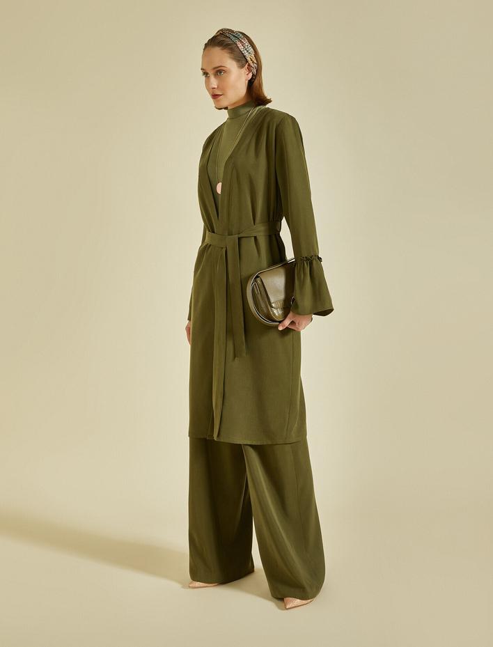  V Yaka Kolları Volanlı Uzun Kollu Beli Bağlamalı Kimono