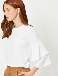 Dik Yaka Volanlı Uzun Kollu Bluz