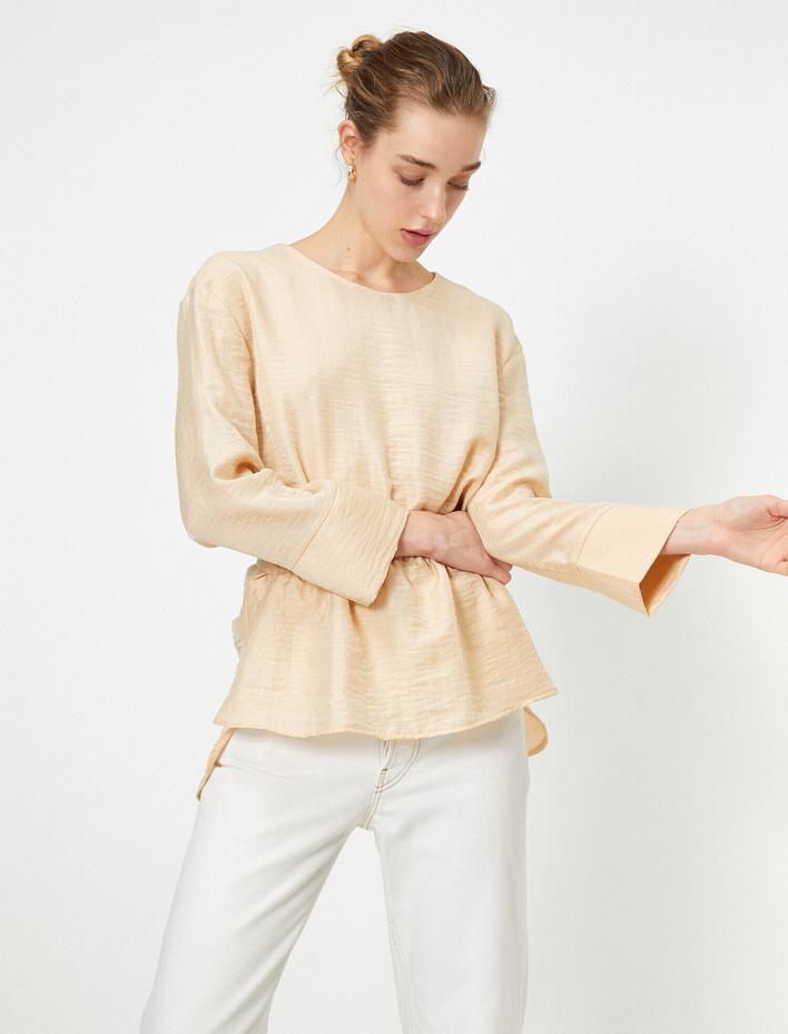  Bisiklet Yaka Uzun Kolu Fırfır Detaylı Bluz