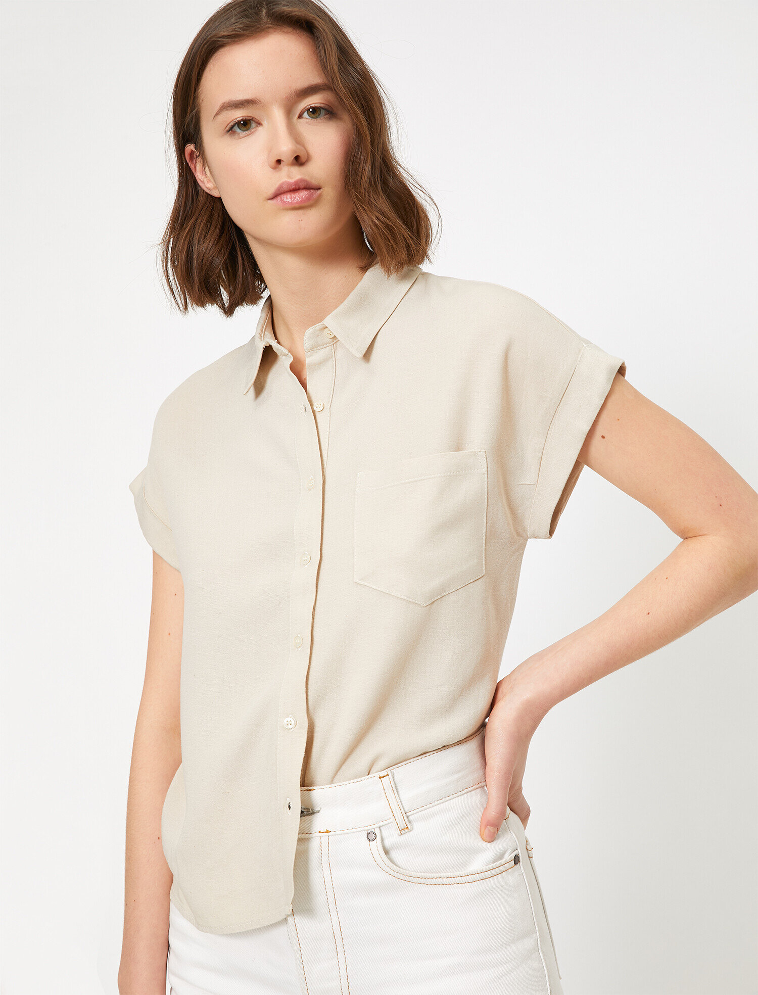   Cep Detaylı Gömlek Keten Karışımlı