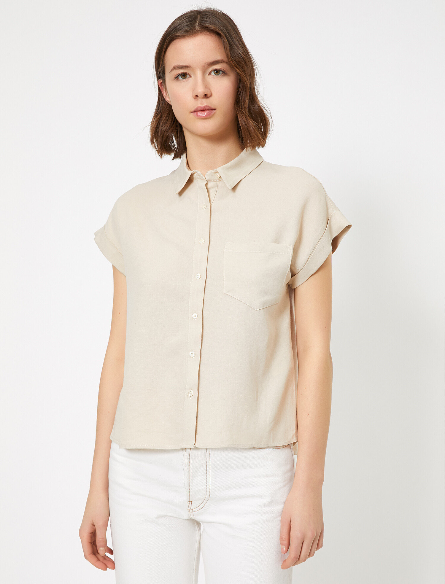   Cep Detaylı Gömlek Keten Karışımlı