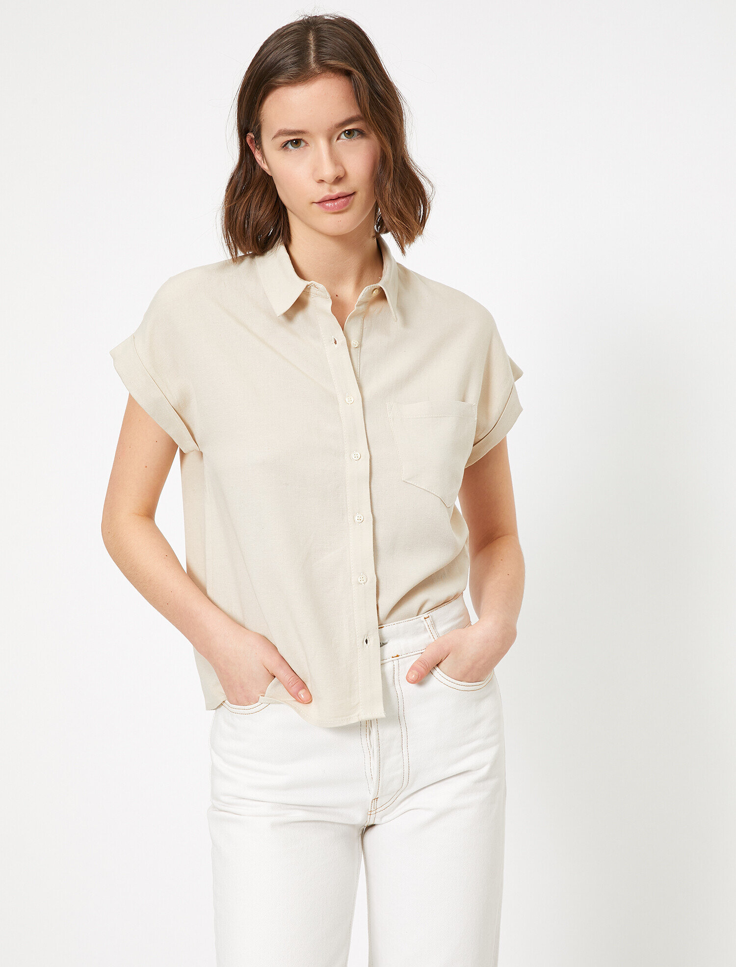   Cep Detaylı Gömlek Keten Karışımlı