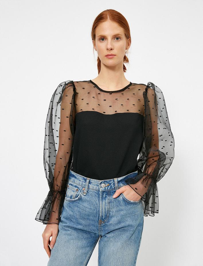  Organze Balon Kol Detaylı Bluz